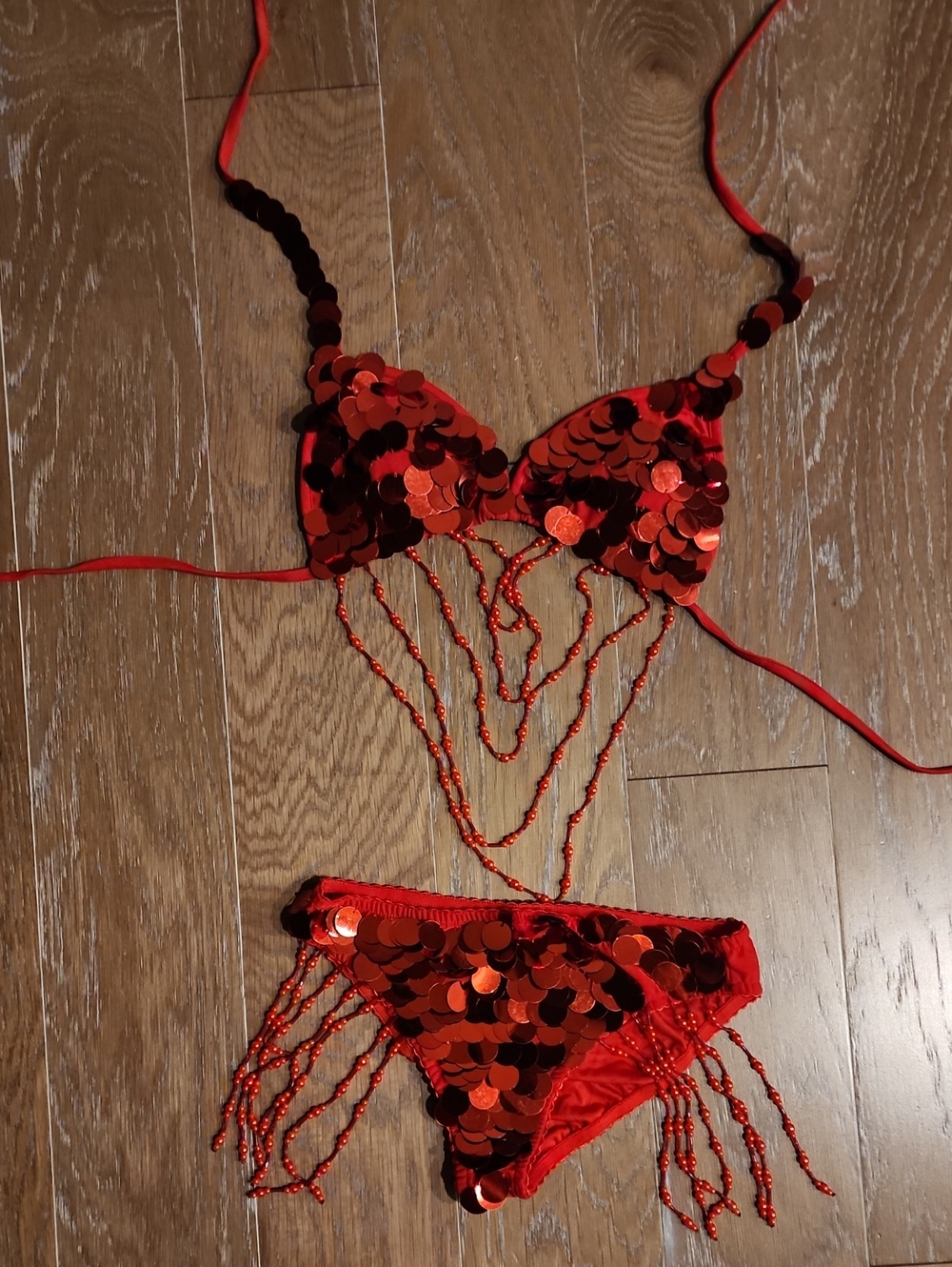 Sequin Fringe Bikini Set - Red